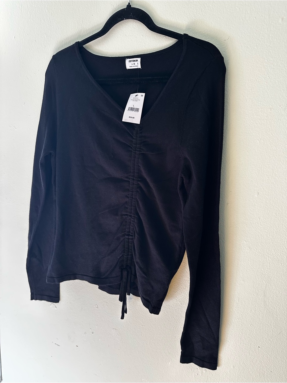Cotton On Black Solid Knit Ruched Drawstring V-Neck Long Sleeve Top Womens L